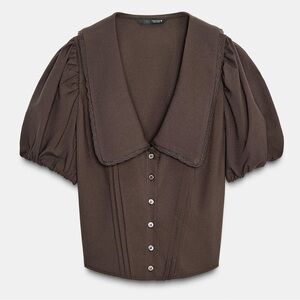 Zara Brown Peter Pan Color Puff Sleeve Top Size Large